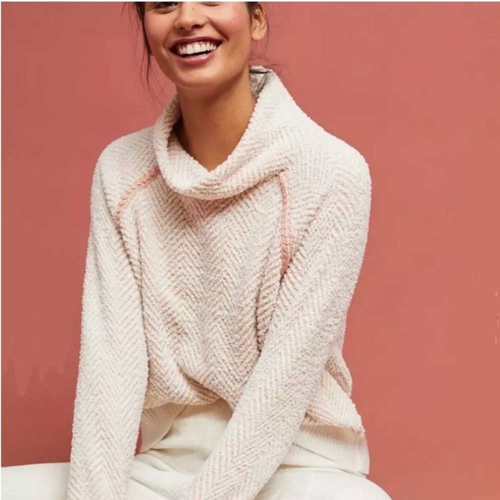 ANTHROPOLOGIE Saturday Sunday Womens Med Cowl Neck Sweater Textured Chevron Tan